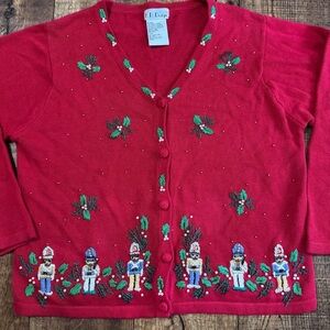 Vintage Red Christmas Cardigan with Nutcracker Design Sz Lg holiday